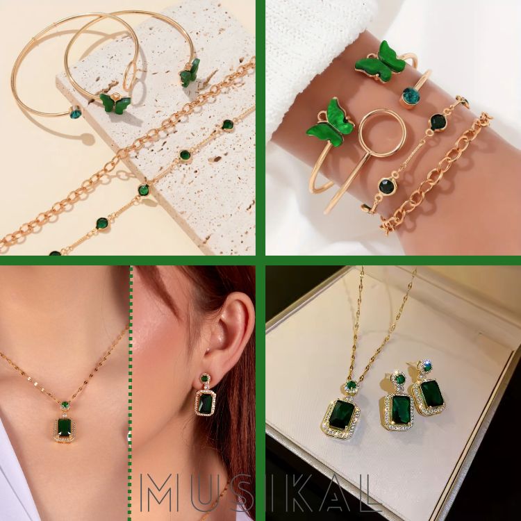 Esplendor Esmeralda - Set de Joyería Exclusivo - Incluye brazalete (4 piezas), collar y aretes