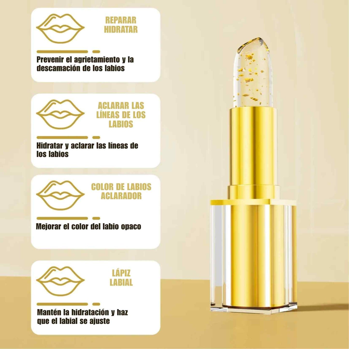 LumiPhoria™ El labial inteligente que se adapta a ti. Un brillo dorado, un toque de magia y labios que respiran belleza natural las 24 horas.