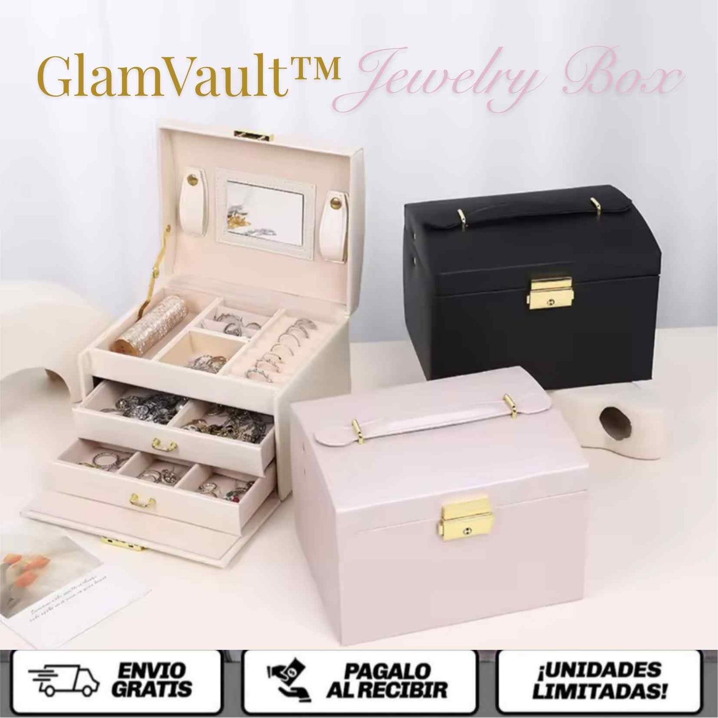 GlamVault™ Jewelry Box El cofre de 3 niveles que mantiene tus joyas seguras, ordenadas y siempre listas para brillar.