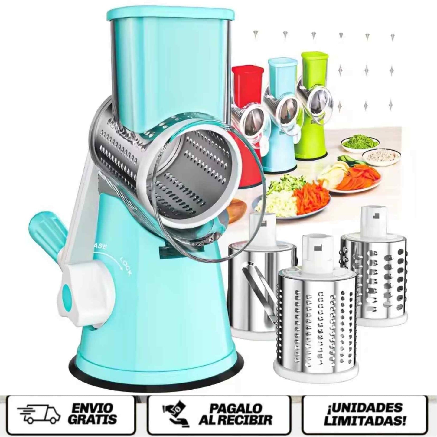 SliceMaster Pro™ 3X El molino inteligente que ralla, corta y pica en segundos sin esfuerzo ni riesgo.