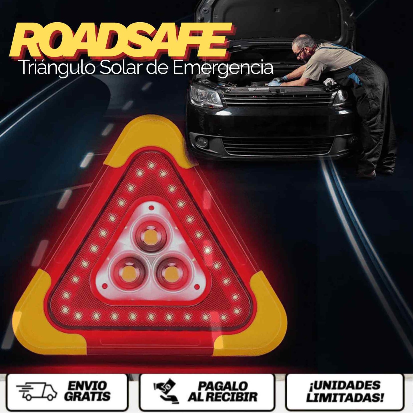 RoadSafe™ Triángulo Solar de Emergencia Tu escudo luminoso en carretera. Visibilidad, seguridad y energía… todo en un solo dispositivo.