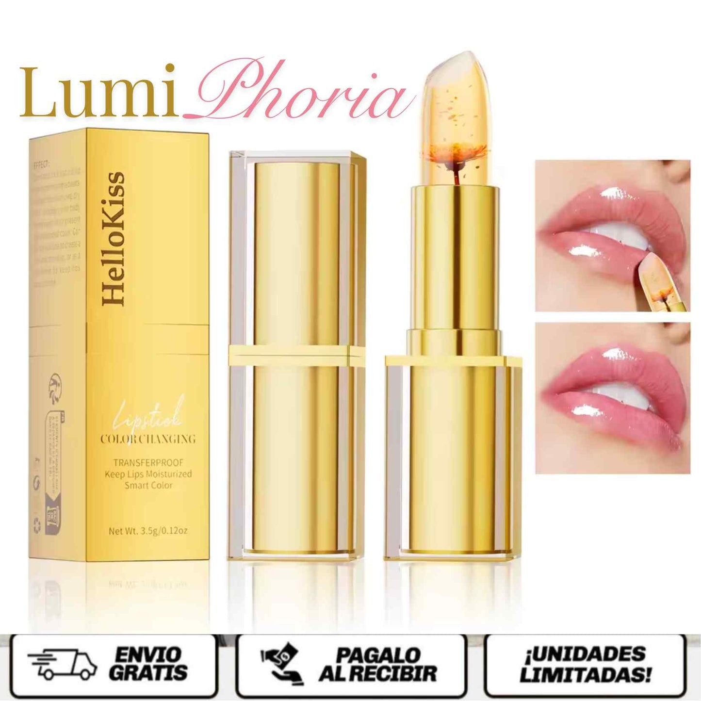LumiPhoria™ El labial inteligente que se adapta a ti. Un brillo dorado, un toque de magia y labios que respiran belleza natural las 24 horas.