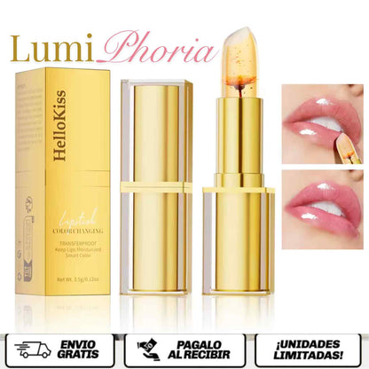 LumiPhoria™ El labial inteligente que se adapta a ti. Un brillo dorado, un toque de magia y labios que respiran belleza natural las 24 horas.