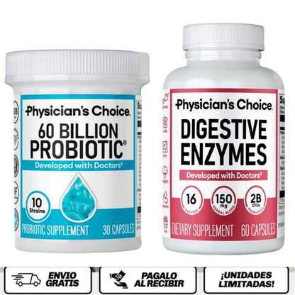 FlatBiome DUO™ 2 productos trabajando juntos Probióticos + Enzimas Digestivas = Digestión ligera y abdomen plano