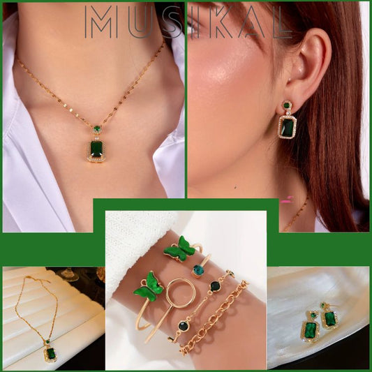 Esplendor Esmeralda - Set de Joyería Exclusivo - Incluye brazalete (4 piezas), collar y aretes