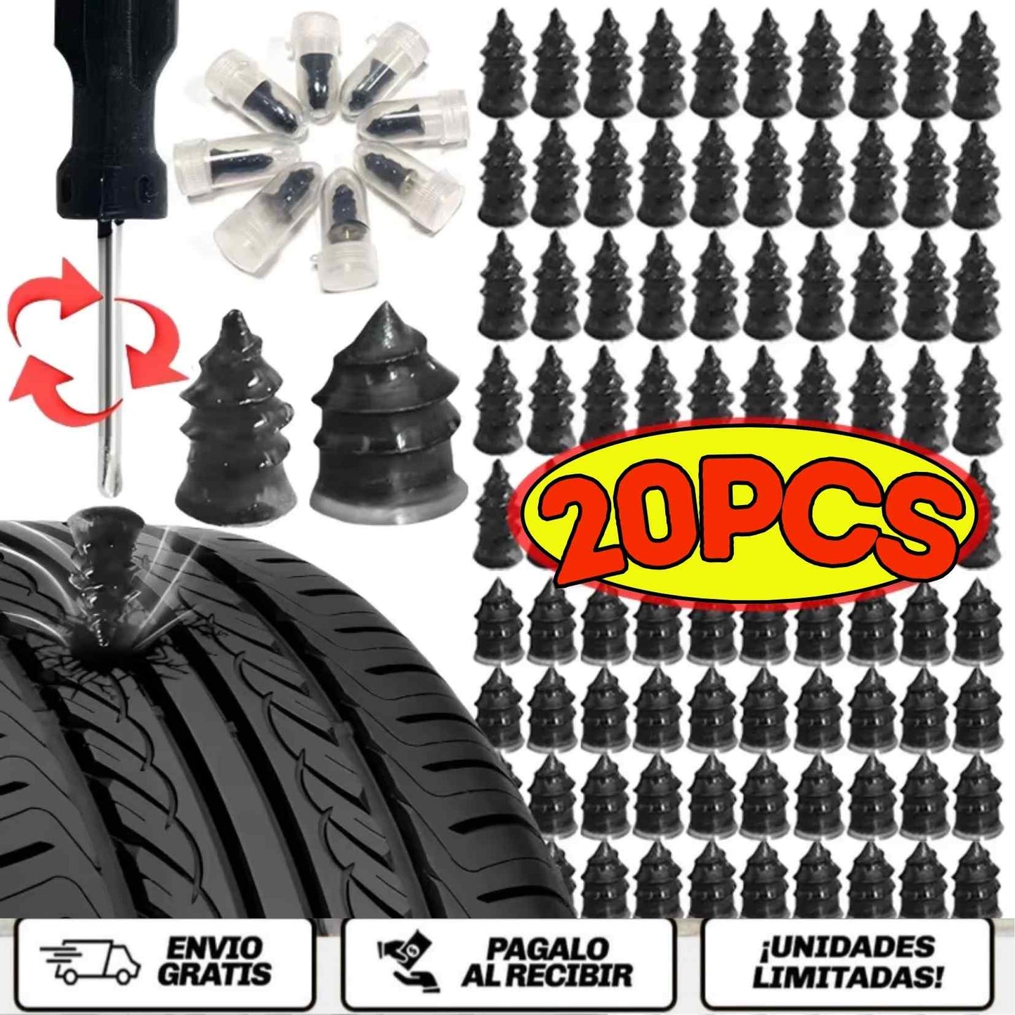 FixTire Pro™ 20X El kit express que sella tu llanta en minutos… sin desmontar, sin taller y sin estrés.